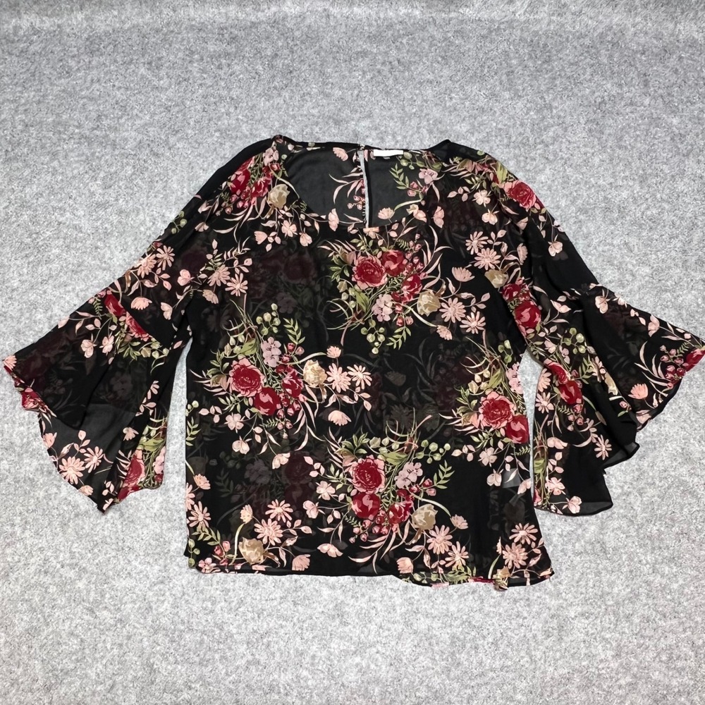 New York & Company Womens Large Black Floral Sheer Chiffon Bell Sleeve Blouse - Picture 2 of 6